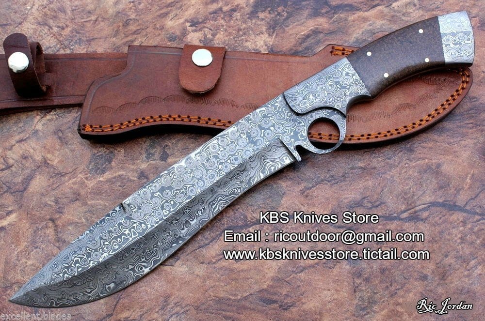 KBS Knives Store Bowie Knives Finger Hole Bowie Knife - Custom Handcrafted Full Tang Raindrops Damascus Steel Blade, Walnut Wood Handle with Damascus Bolsters, 15" Overall Length | Leather Sheath | KBS Knives