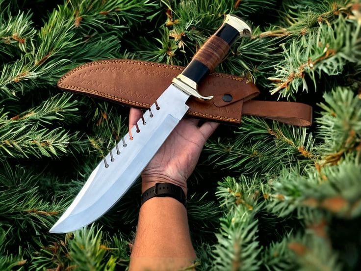 KBS Knives Store Bowie Knives Frontier Legend Bowie Knife – Custom Handmade D2 Steel Blade with Stacked Leather Handle, 16" Overall Length