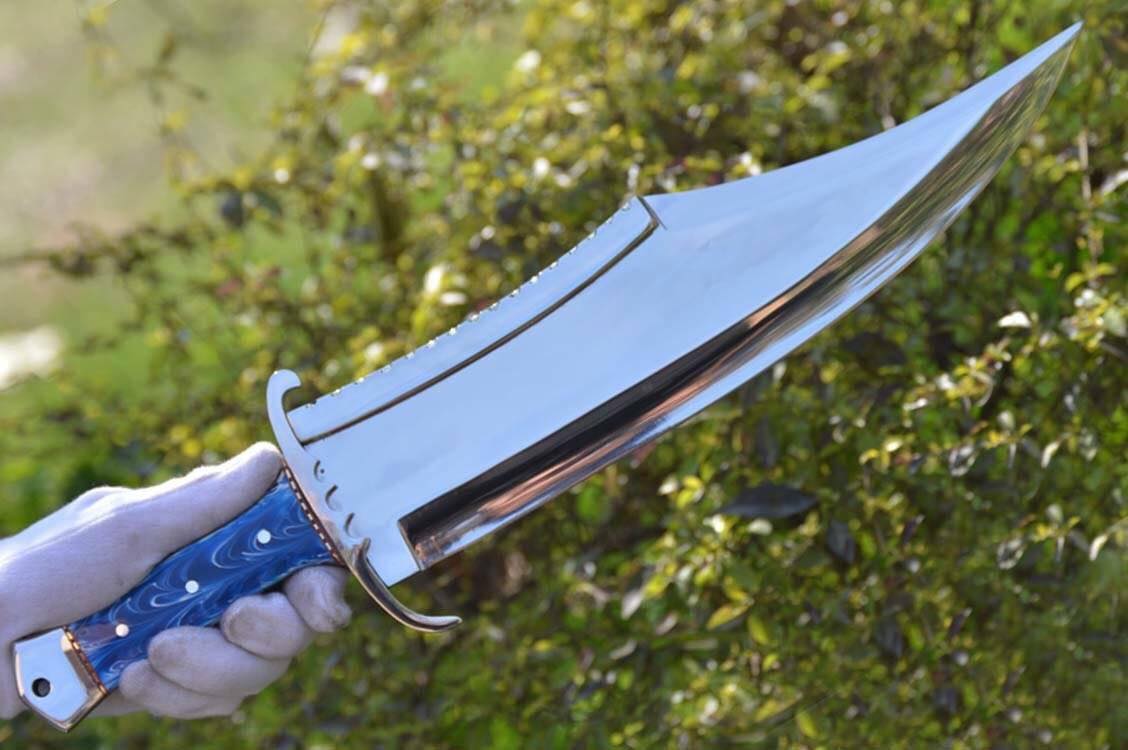 KBS Knives Store Bowie Knives Full Tang Bowie Knife with Leather Sheath for Sale – Custom Handmade Mirror Polished D2 Steel Blade, Epoxy Resin Handle, Steel Guard & Brass Spacers | 17-Inch Hunting Knife – KBS Knives