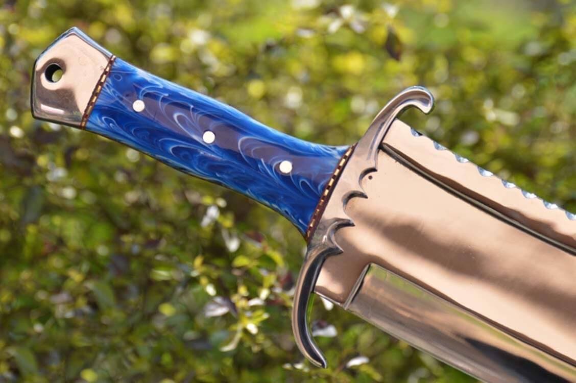 KBS Knives Store Bowie Knives Full Tang Bowie Knife with Leather Sheath for Sale – Custom Handmade Mirror Polished D2 Steel Blade, Epoxy Resin Handle, Steel Guard & Brass Spacers | 17-Inch Hunting Knife – KBS Knives