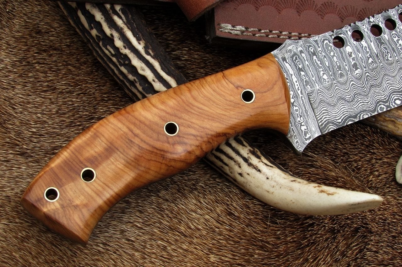 KBS Knives Store Bowie Knives Full Tang Hunter Bowie Knife with Custom Handcrafted Damascus Steel Blade & Olive Wood Handle - 17 Inches