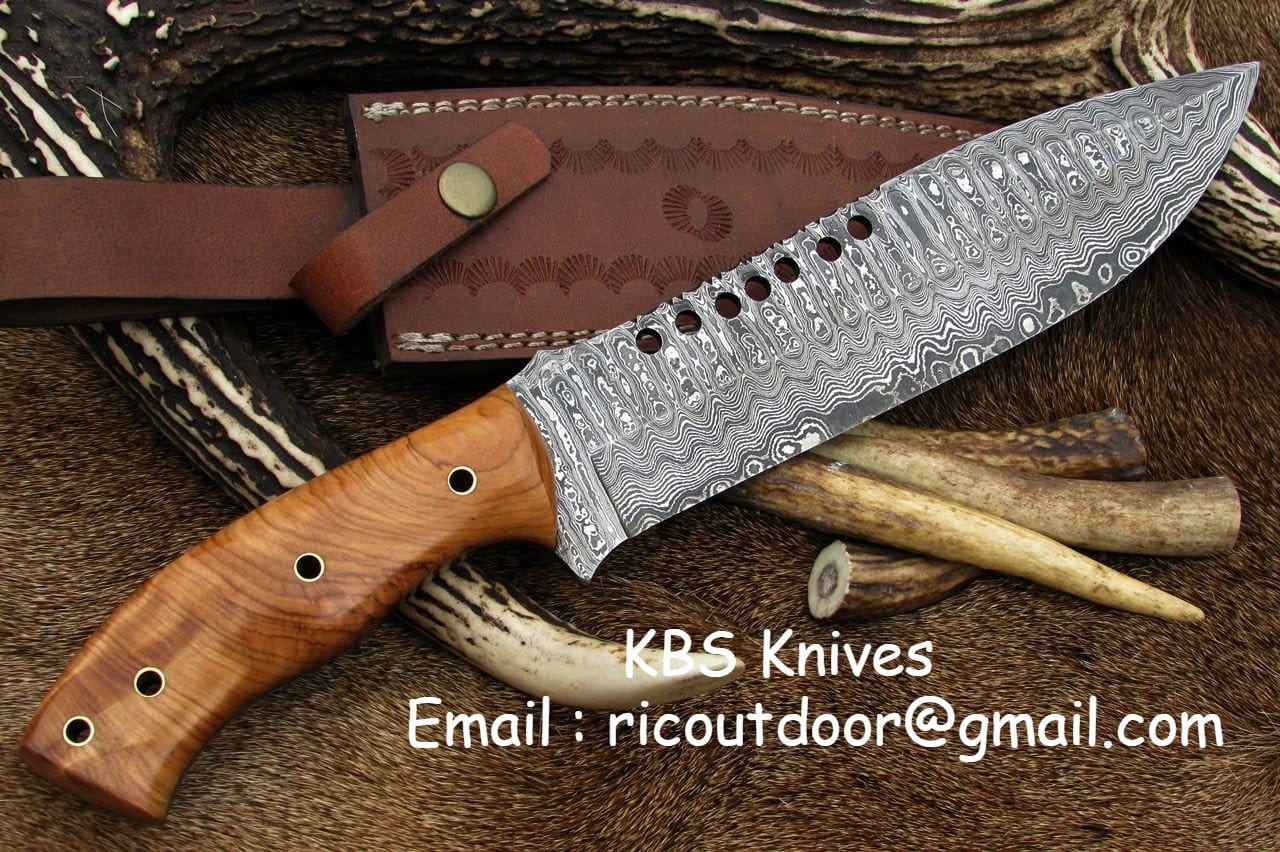 KBS Knives Store Bowie Knives Full Tang Hunter Bowie Knife with Custom Handcrafted Damascus Steel Blade & Olive Wood Handle - 17 Inches