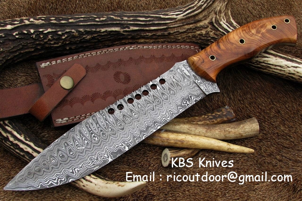 KBS Knives Store Bowie Knives Full Tang Hunter Bowie Knife with Custom Handcrafted Damascus Steel Blade & Olive Wood Handle - 17 Inches
