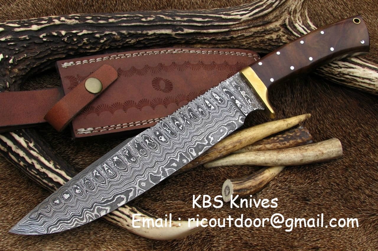 KBS Knives Store Bowie Knives Full Tang Hunter Bowie Knife with Custom Handcrafted Damascus Steel Blade & Rosewood Handle - 17 Inches