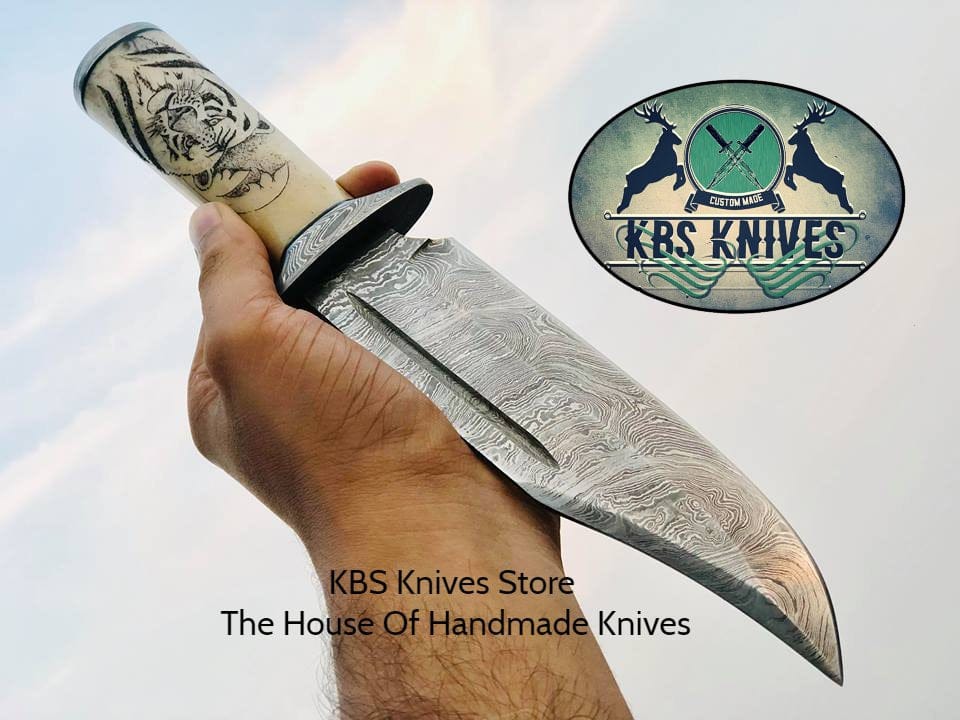 KBS Knives Store Bowie Knives Hand Engraved Hunting Bowie Knife - Custom Handcrafted Damascus Steel Blade, Hand Engraved Bone Handle, Damascus Guard, 12" Overall Length | Leather Sheath | Personalized Engraving Available | KBS Knives