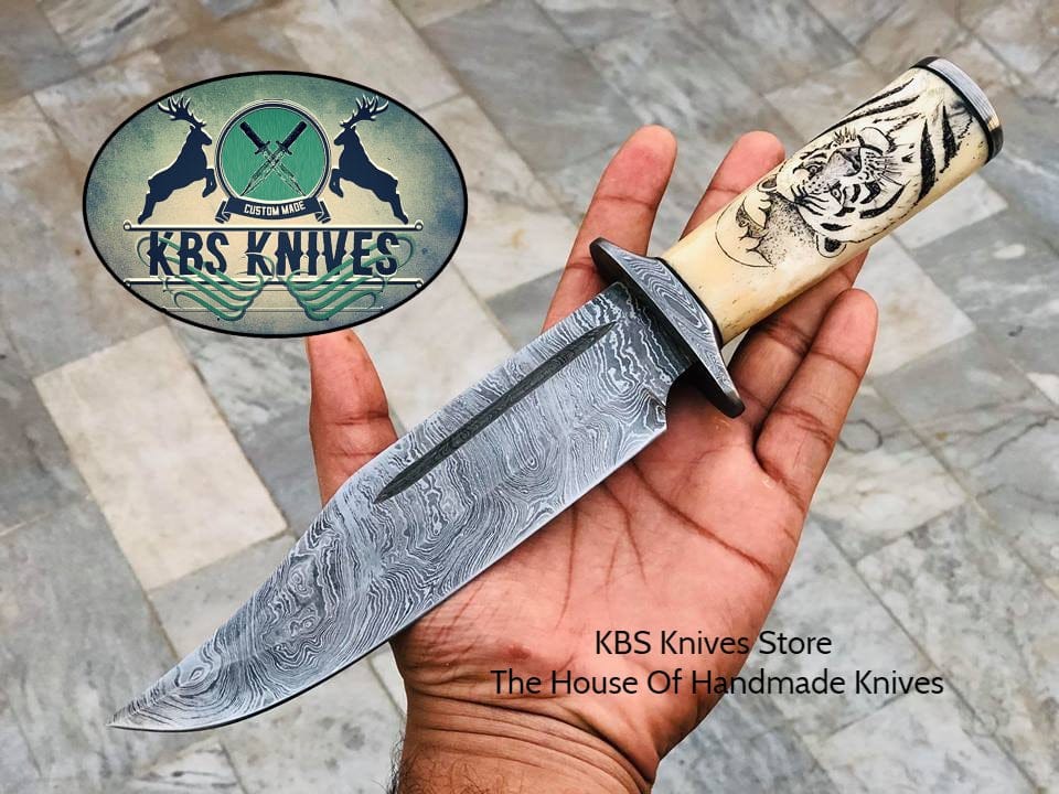 KBS Knives Store Bowie Knives Hand Engraved Hunting Bowie Knife - Custom Handcrafted Damascus Steel Blade, Hand Engraved Bone Handle, Damascus Guard, 12" Overall Length | Leather Sheath | Personalized Engraving Available | KBS Knives