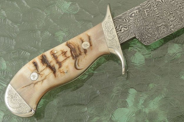 KBS Knives Store Bowie Knives Hand Engraved Tennessee Bowie Knife - Custom Damascus Steel Blade, Ram Horn Handle, Hand Engraved Steel Guard and Bolster, 15" Overall Length | Leather Sheath | KBS Knives