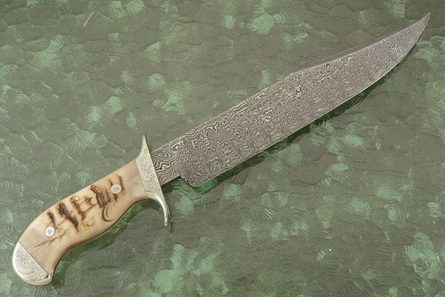 KBS Knives Store Bowie Knives Hand Engraved Tennessee Bowie Knife - Custom Damascus Steel Blade, Ram Horn Handle, Hand Engraved Steel Guard and Bolster, 15" Overall Length | Leather Sheath | KBS Knives