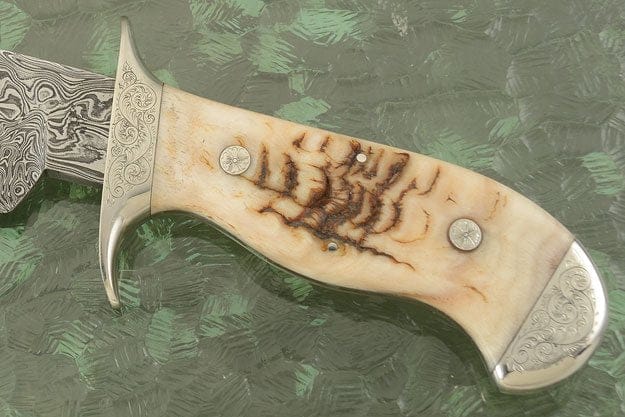 KBS Knives Store Bowie Knives Hand Engraved Tennessee Bowie Knife - Custom Damascus Steel Blade, Ram Horn Handle, Hand Engraved Steel Guard and Bolster, 15" Overall Length | Leather Sheath | KBS Knives