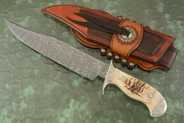 KBS Knives Store Bowie Knives Hand Engraved Tennessee Bowie Knife - Custom Damascus Steel Blade, Ram Horn Handle, Hand Engraved Steel Guard and Bolster, 15" Overall Length | Leather Sheath | KBS Knives