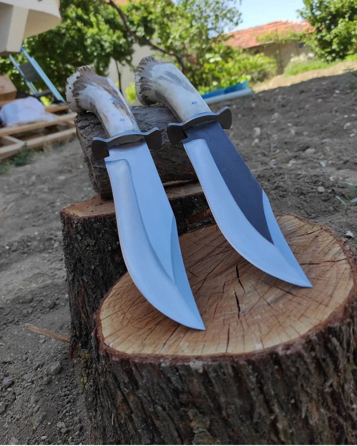 KBS Knives Store Bowie Knives High-Carbon 1095 Forged Steel Bowie Knife - Handmade Deer Horn Guard Handle, Leather Sheath Included