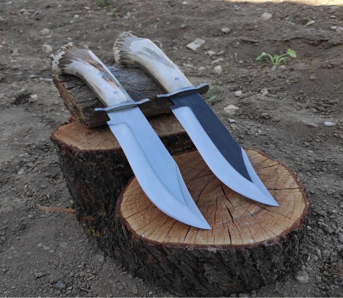 KBS Knives Store Bowie Knives High-Carbon 1095 Forged Steel Bowie Knife - Handmade Deer Horn Guard Handle, Leather Sheath Included