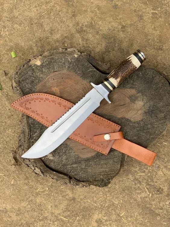 KBS Knives Store Bowie Knives Highland Hunter: Custom Handmade Hunting Bowie Knife with D2 Steel Blade, Antler Horn Handle, Steel Guard, and Leather Sheath