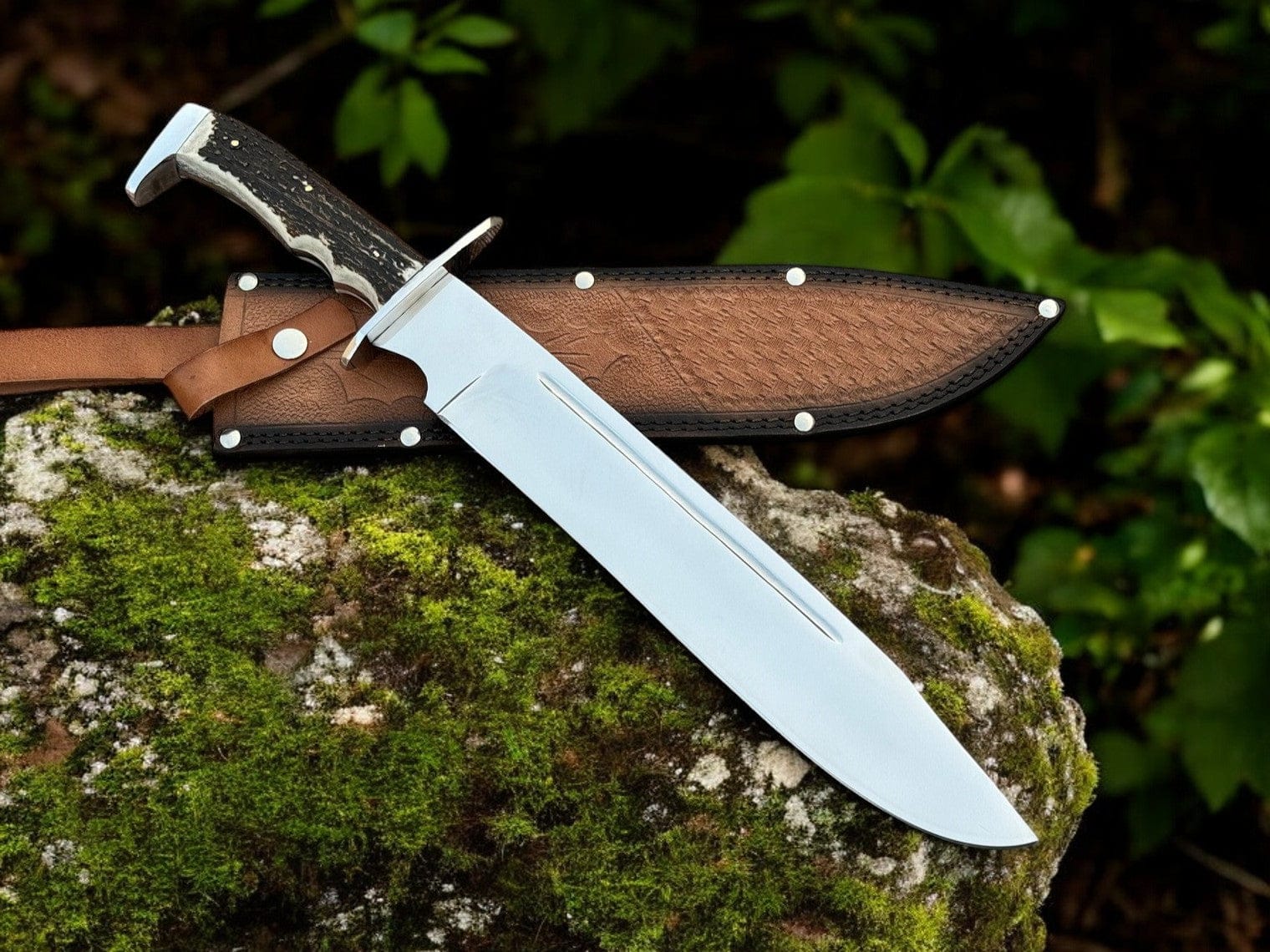 KBS Knives Store Bowie Knives Highlander Stag Handle Bowie – 18" Custom Handmade D2 Steel Blade with Stag Horn Handle
