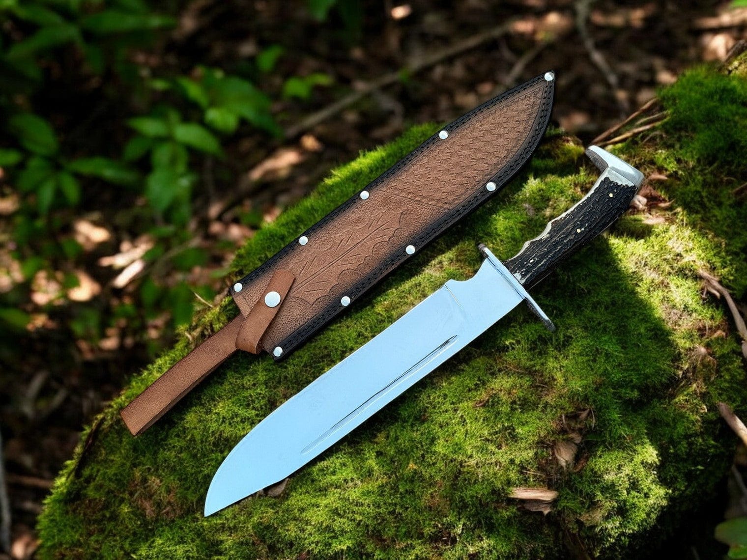 KBS Knives Store Bowie Knives Highlander Stag Handle Bowie – 18" Custom Handmade D2 Steel Blade with Stag Horn Handle