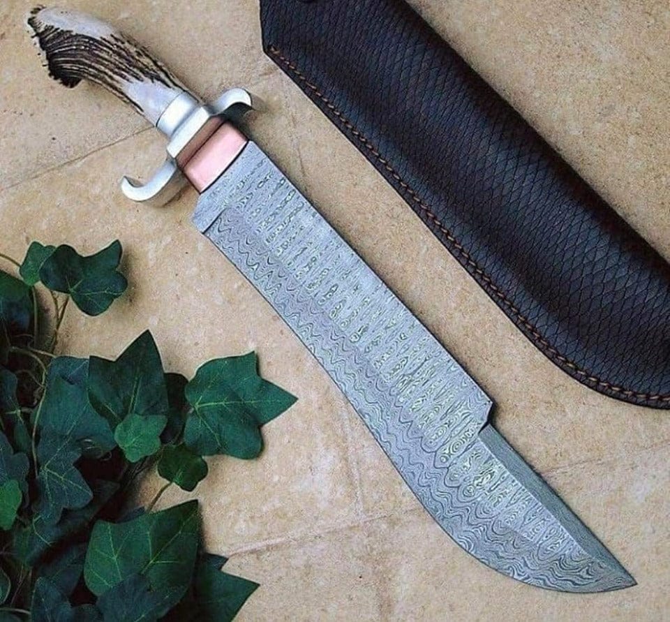 KBS Knives Store Bowie Knives Hunters Big Bowie Knife with Leather Sheath for Sale – Custom Handmade Full Tang Damascus Steel Blade, Antler Horn Handle with Steel & Copper Guards | 20-Inch Survival Knife – KBS Knives