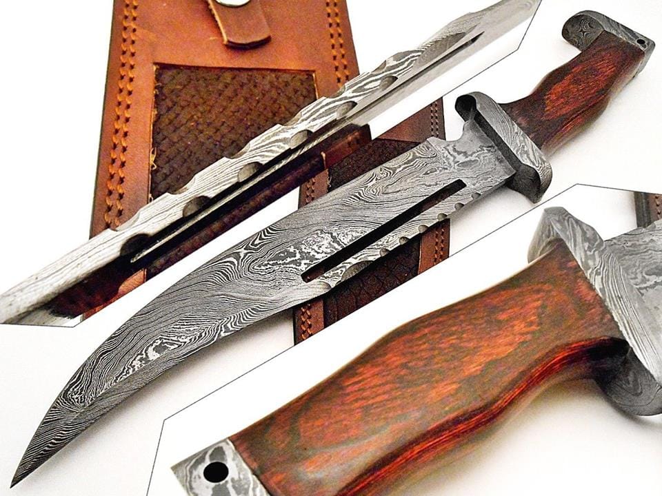 KBS Knives Store Bowie Knives Knife in Rambo - Custom Damascus Steel Bowie with Rosewood Handle