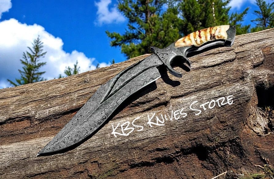 KBS Knives Store Bowie Knives Large Bowie Knife - 11" Damascus Steel with Mountain Sheep Horn Handle & Double Damascus Finger Guard