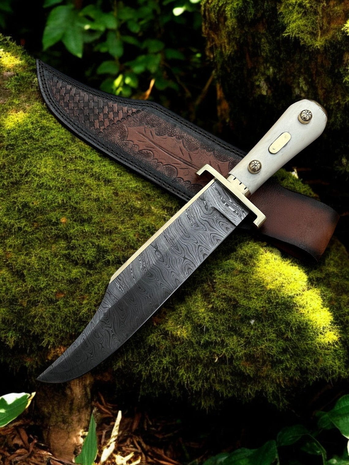 KBS Knives Store Bowie Knives Legendary Western W49 Bowie Knife – Custom Handmade Damascus Steel Blade with Bone Handle
