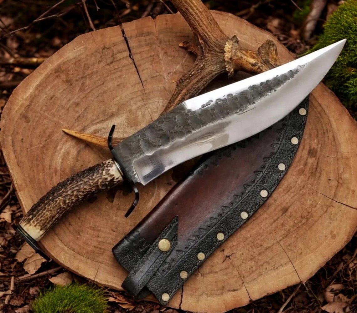 KBS Knives Store Bowie Knives Mountain Stalker Bowie Knife with Antler Handle – 17" Custom Handmade 1095 Steel Blade with Bone Handle