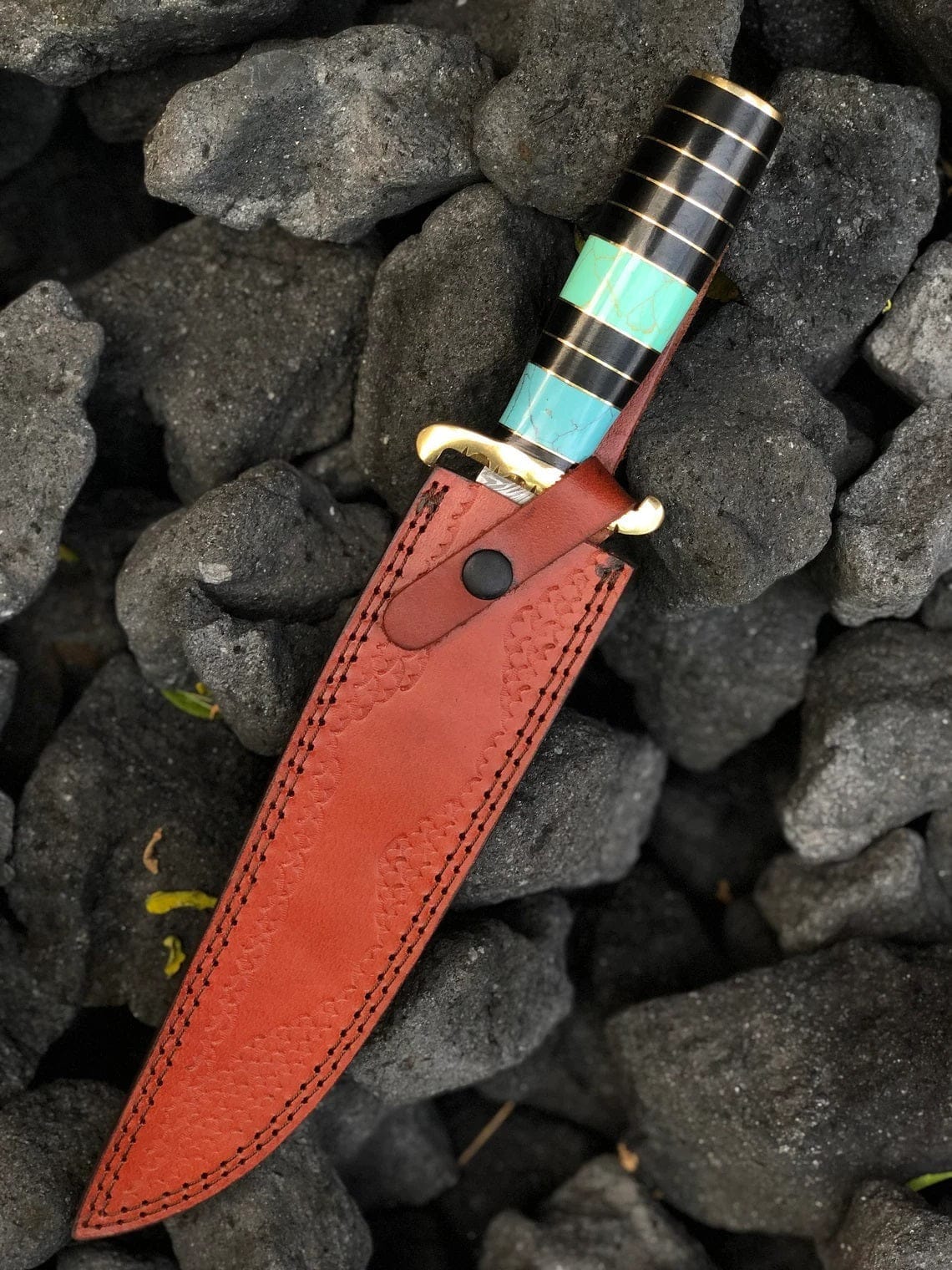KBS Knives Store Bowie Knives One-of-a-Kind Damascus Steel Bowie Knife - Custom Made, 15" Overall, 10" Blade, Turquoise Handle, Brass Spacers, and Guard