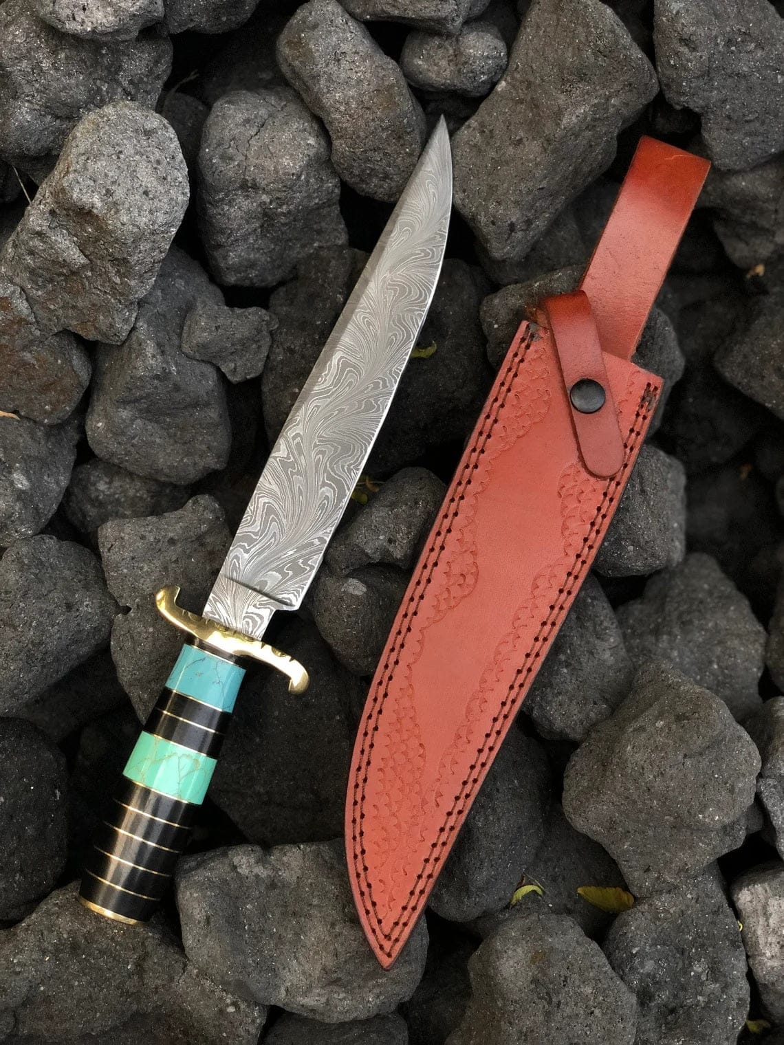 KBS Knives Store Bowie Knives One-of-a-Kind Damascus Steel Bowie Knife - Custom Made, 15" Overall, 10" Blade, Turquoise Handle, Brass Spacers, and Guard