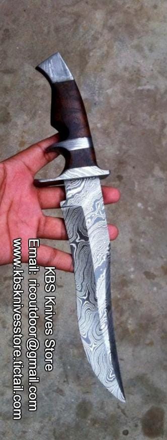 KBS Knives Store Bowie Knives Original Bowie Knife - Full Tang Damascus Steel Blade, Rosewood Handle, Damascus Guards | KBS Knives