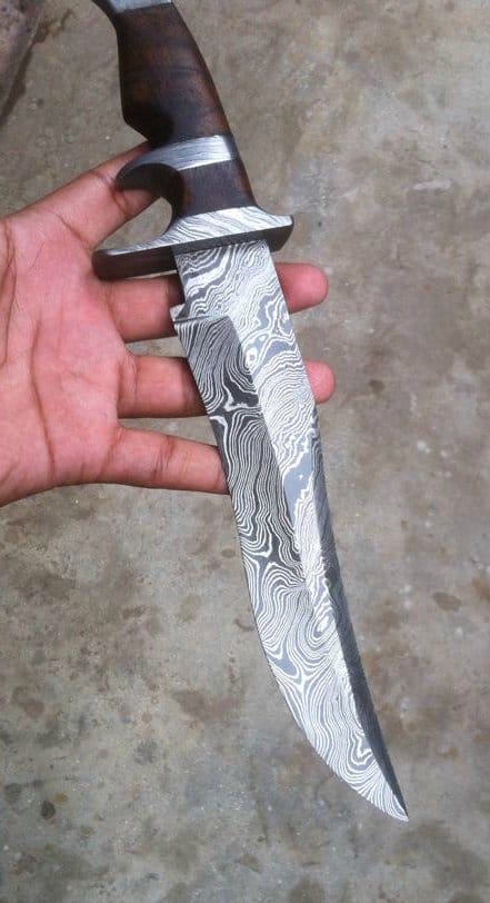 KBS Knives Store Bowie Knives Original Bowie Knife - Full Tang Damascus Steel Blade, Rosewood Handle, Damascus Guards | KBS Knives
