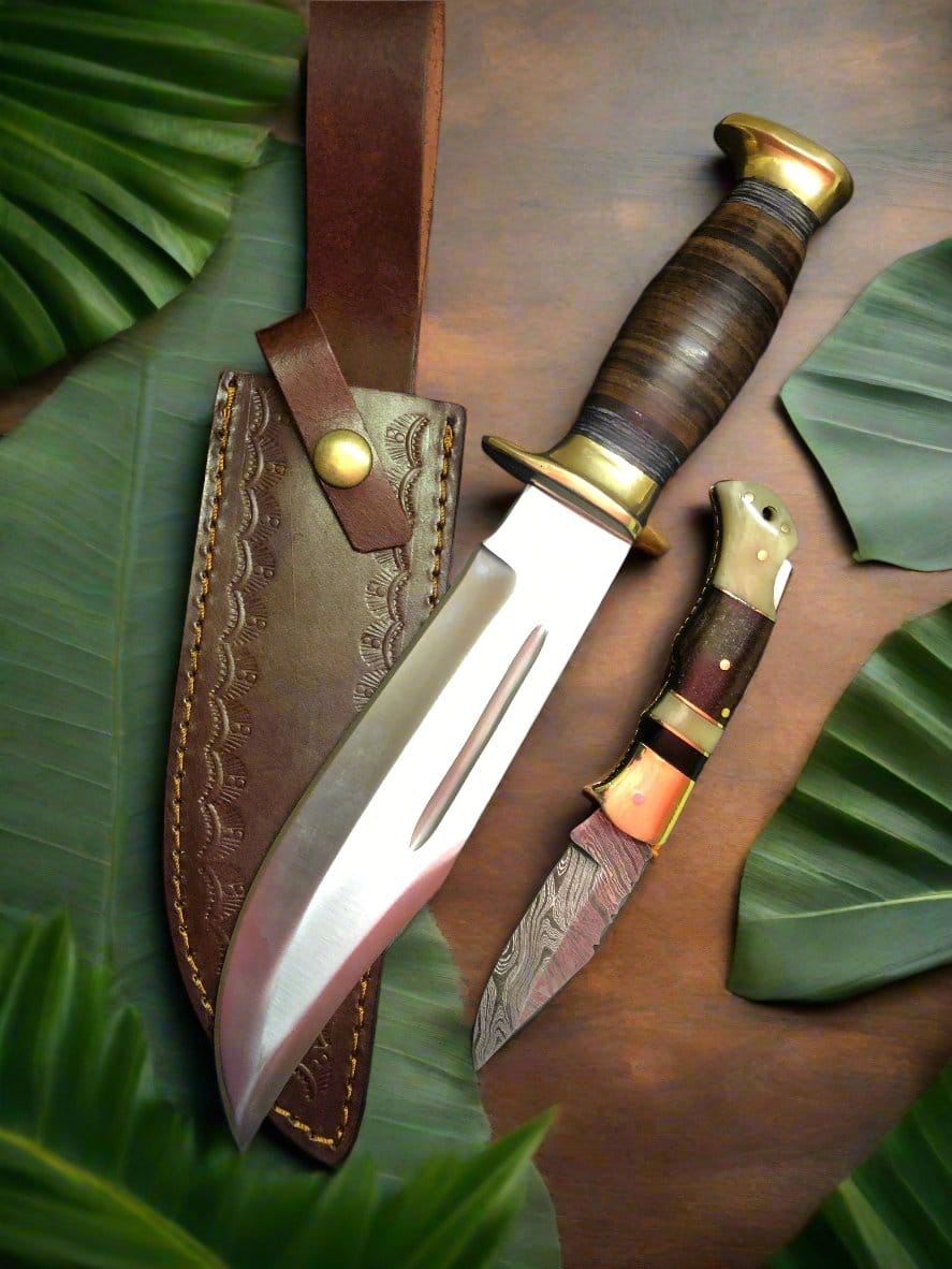 KBS Knives Store Bowie Knives Outback Dual Edge Set – 16" D2 Forged Steel Bowie Knife & Damascus Folding Pocket Knife with Leather Sheath
