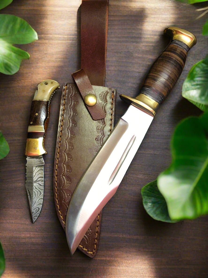 KBS Knives Store Bowie Knives Outback Dual Edge Set – 16" D2 Forged Steel Bowie Knife & Damascus Folding Pocket Knife with Leather Sheath
