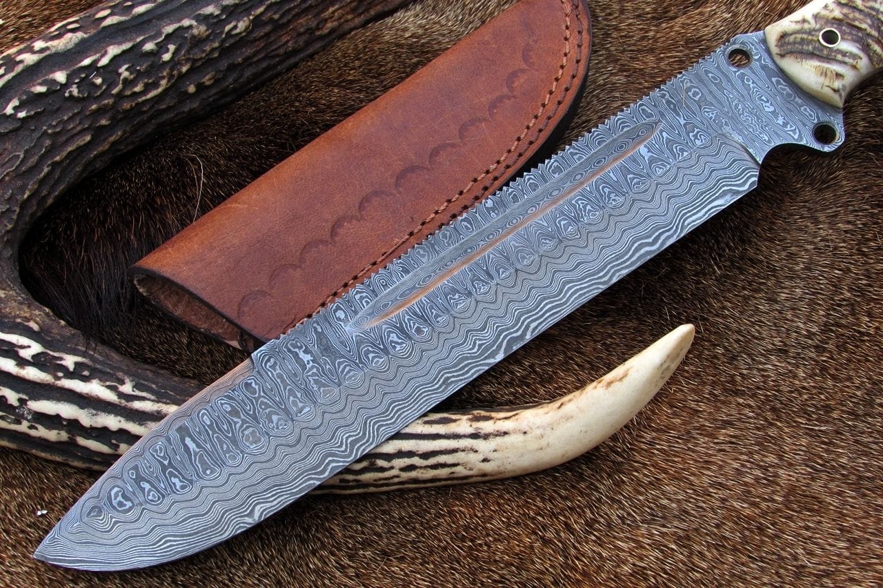 KBS Knives Store Bowie Knives Pig Sticker Big Bowie Knife with Custom Handcrafted Full Tang Damascus Steel Blade & Sheep Horn Handle - 17 Inches