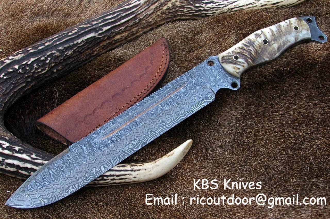 KBS Knives Store Bowie Knives Pig Sticker Big Bowie Knife with Custom Handcrafted Full Tang Damascus Steel Blade & Sheep Horn Handle - 17 Inches