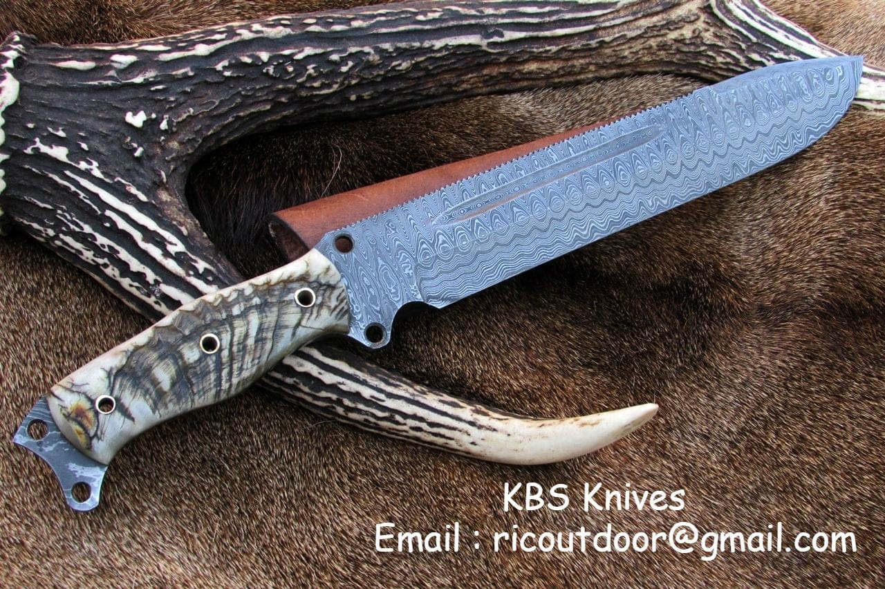KBS Knives Store Bowie Knives Pig Sticker Big Bowie Knife with Custom Handcrafted Full Tang Damascus Steel Blade & Sheep Horn Handle - 17 Inches