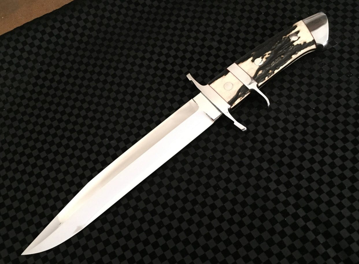 KBS Knives Store Bowie Knives Pig Sticker Knife with Leather Sheath for Sale – Custom Handmade Full Tang D2 Steel Blade, Antler Horn Handle & Steel Double Guard | 13-Inch Hunting Knife – KBS Knives