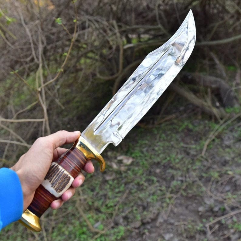 KBS Knives Store Bowie Knives Premium D2 Steel Bowie Knife - 16" Overall, 11" Blade, Antler Horn Handle, Stacked Leather & Brass Guards