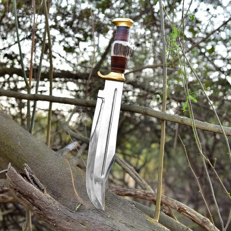 KBS Knives Store Bowie Knives Premium D2 Steel Bowie Knife - 16" Overall, 11" Blade, Antler Horn Handle, Stacked Leather & Brass Guards