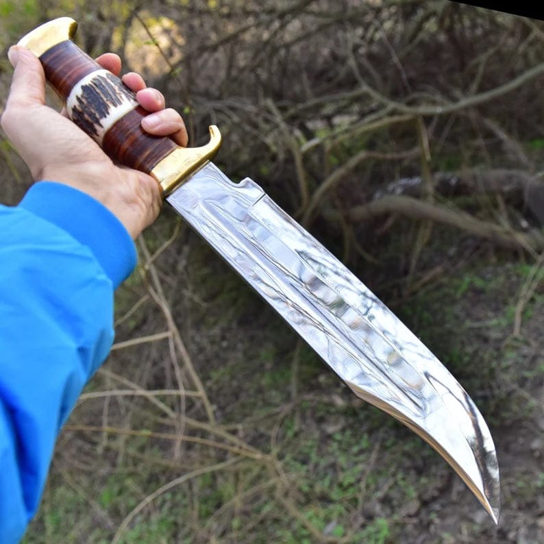 KBS Knives Store Bowie Knives Premium D2 Steel Bowie Knife - 16" Overall, 11" Blade, Antler Horn Handle, Stacked Leather & Brass Guards