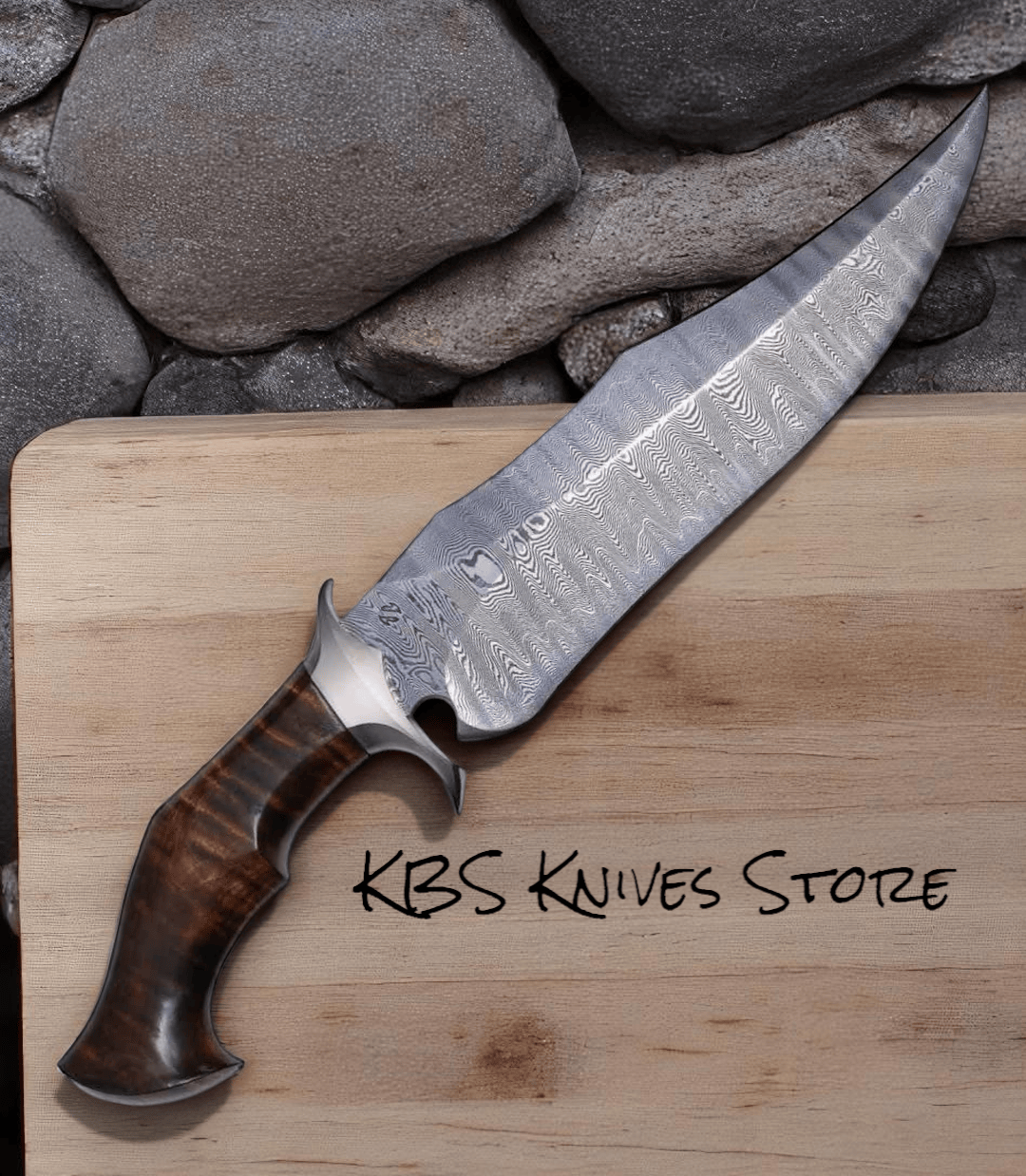 KBS Knives Store Bowie Knives Premium Hunting Bowie Knife - 10" Damascus Steel with Rosewood Handle & Steel Guard