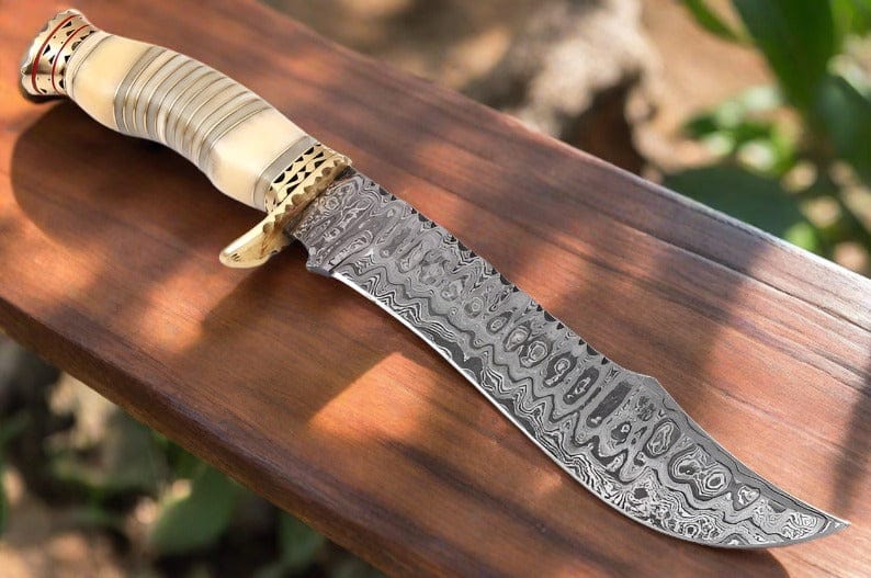 KBS Knives Store Bowie Knives Premium Modern Bowie Knife - Damascus Steel Blade with Handmade Bone Handle and Brass Guard