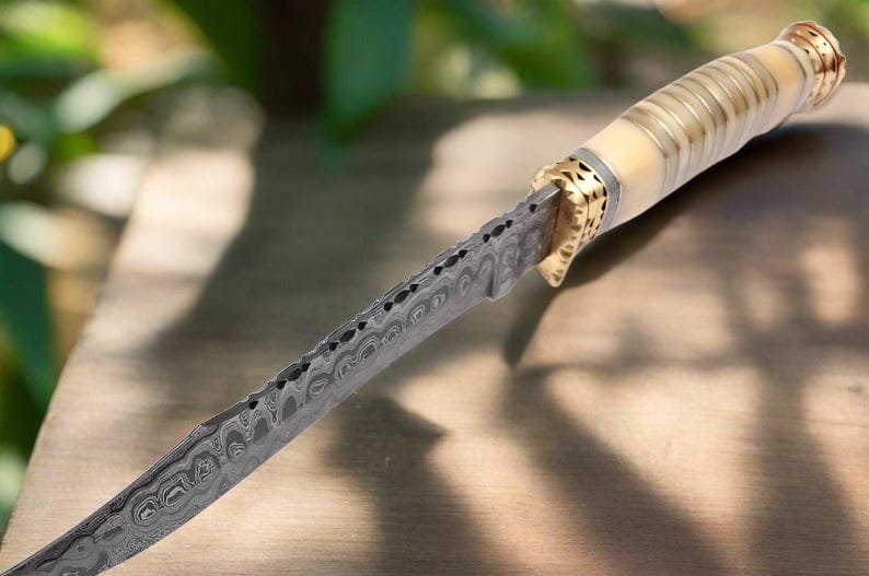 KBS Knives Store Bowie Knives Premium Modern Bowie Knife - Damascus Steel Blade with Handmade Bone Handle and Brass Guard