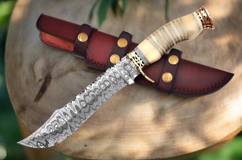 KBS Knives Store Bowie Knives Premium Modern Bowie Knife - Damascus Steel Blade with Handmade Bone Handle and Brass Guard