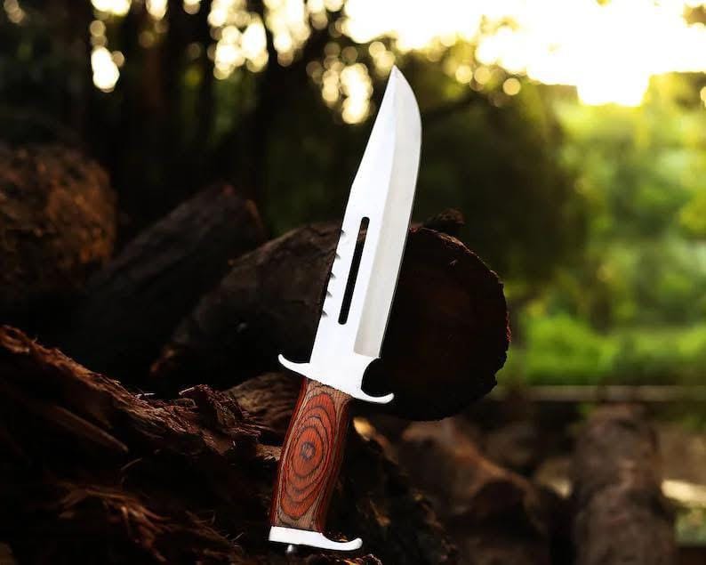 KBS Knives Store Bowie Knives Professional Rambo Bowie Knife - 12" D2 Steel with Exotic Red Wood Handle & Steel Guards