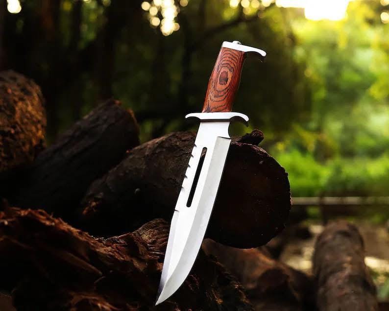 KBS Knives Store Bowie Knives Professional Rambo Bowie Knife - 12" D2 Steel with Exotic Red Wood Handle & Steel Guards