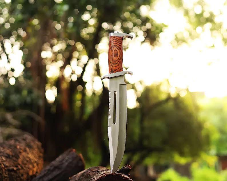 KBS Knives Store Bowie Knives Professional Rambo Bowie Knife - 12" D2 Steel with Exotic Red Wood Handle & Steel Guards