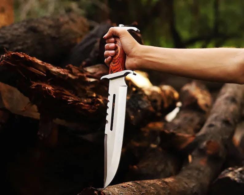 KBS Knives Store Bowie Knives Professional Rambo Bowie Knife - 12" D2 Steel with Exotic Red Wood Handle & Steel Guards