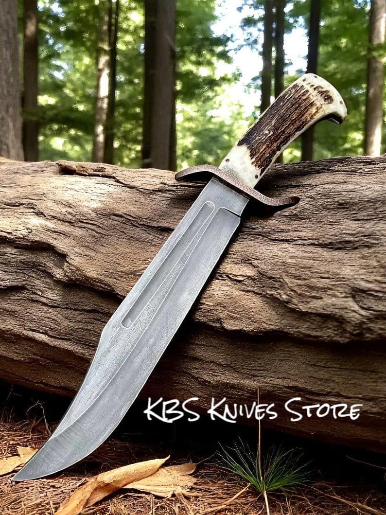 KBS Knives Store Bowie Knives Professional Survival Bowie Knife - 11" D2 Steel with Antler Horn Handle & Copper Guard