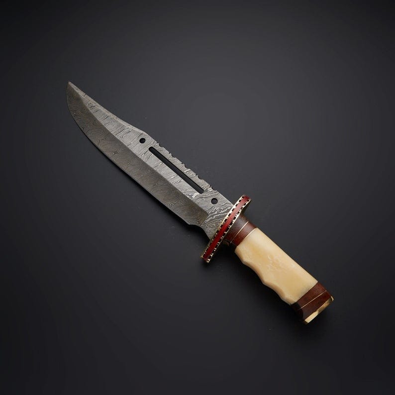 KBS Knives Store Bowie Knives Rambo First Blood Knife - Custom Handmade Damascus Bowie with Rose Wood and Bone Handle