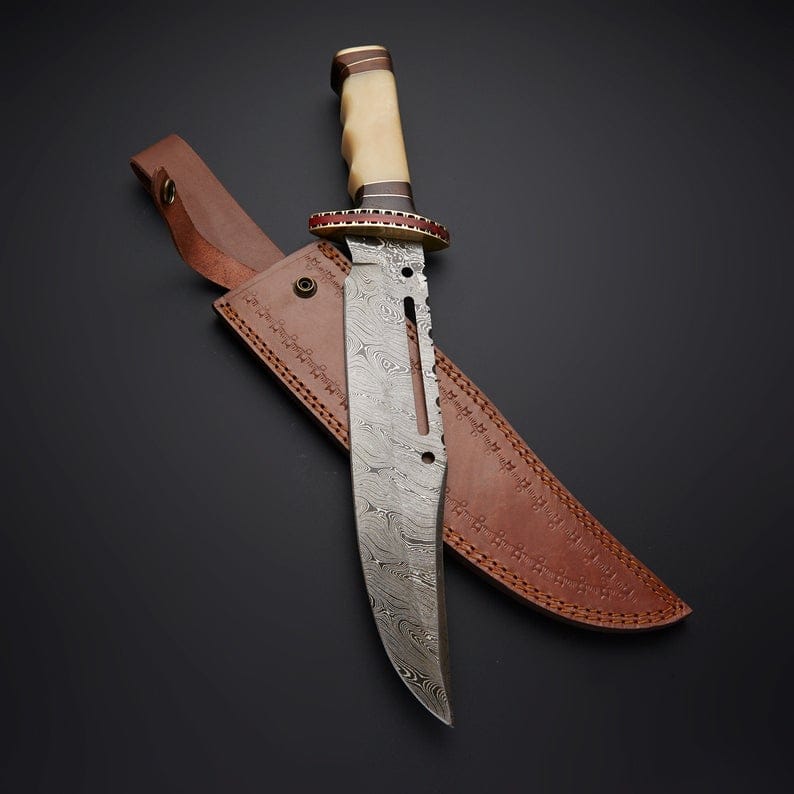 KBS Knives Store Bowie Knives Rambo First Blood Knife - Custom Handmade Damascus Bowie with Rose Wood and Bone Handle