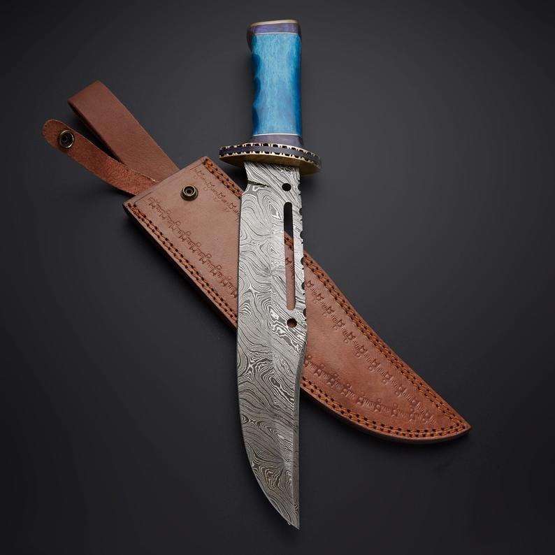 KBS Knives Store Bowie Knives Rambo First Blood Knife - Custom Handmade Damascus Steel Bowie with Colored Bone Handle and Leather Sheath