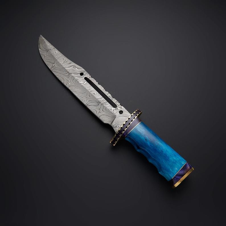 KBS Knives Store Bowie Knives Rambo First Blood Knife - Custom Handmade Damascus Steel Bowie with Colored Bone Handle and Leather Sheath